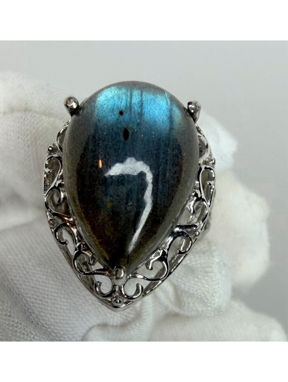 STS Karis Labradorite Statement Ring Teardrop Platinum Bond Filigree Sz 6